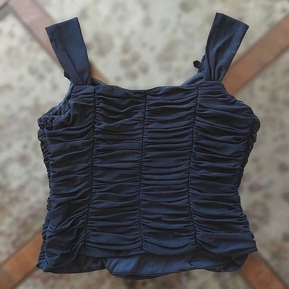 Vtg Y2K Precis Petite black ruched mesh overlay camisole - Picture 4 of 12